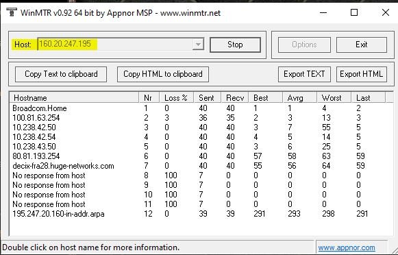 Ejemplo de como se ve WinMTR. Haz click para ampliar.